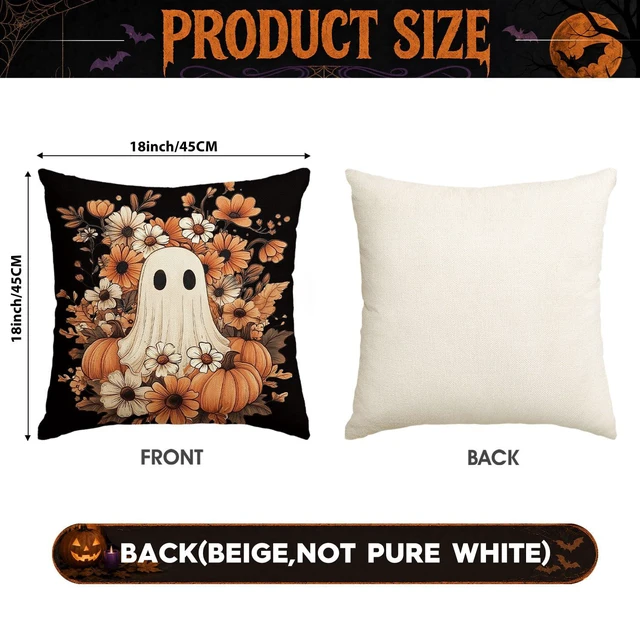 Alt view image 7 of 7 - Halloween Ghost Pumpkin Black Throw Pillow Cover, 18 x 18 Inch Holiday Farmhouse Orange Flower Spooky Cushion Case Decoration for Sofa Couch