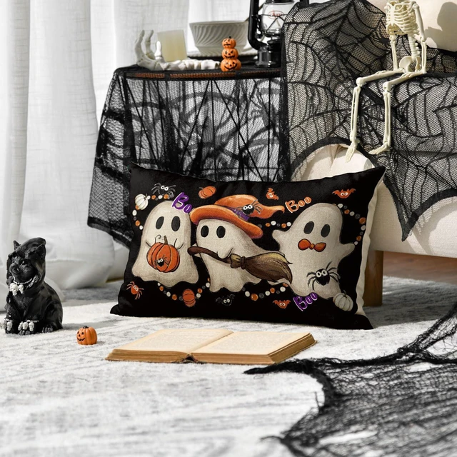 Alt view image 2 of 7 - Halloween Ghost Wizard Throw Pillow Cover, 12 x 20 Inch Holiday Farmhouse Spooky Bat Pumpkin Cushion Case Decoration for Sofa Couch
