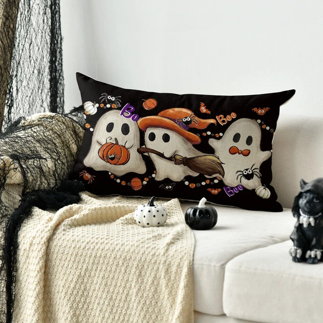 Alt view image 5 of 7 - Halloween Ghost Wizard Throw Pillow Cover, 12 x 20 Inch Holiday Farmhouse Spooky Bat Pumpkin Cushion Case Decoration for Sofa Couch