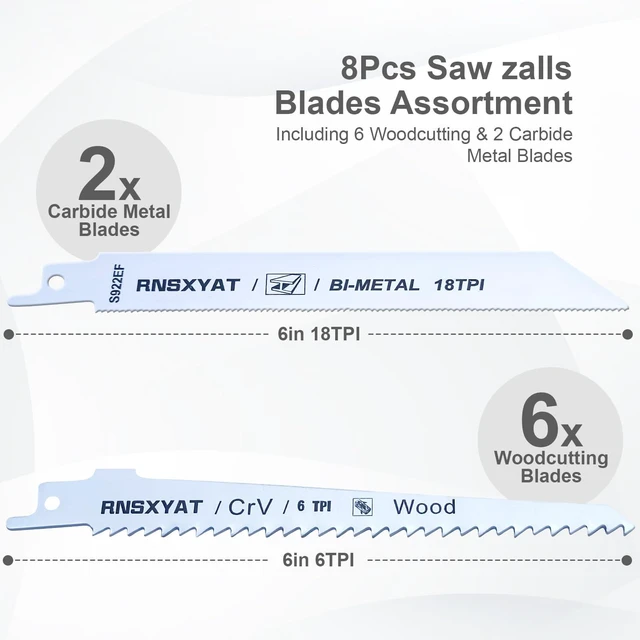 Alt view image 2 of 7 - 8PCS Reciprocating Saw Blades for Wood Pruning and Carbide Metal Blade | Including Premium 6Pcs Woodcutting & 2Pcs Carbide Metal Blade with Storage Case (6in 6TPI + 6in18TPI) by RNSXYAT