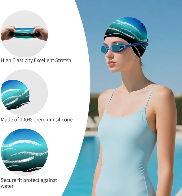 Alt view image 2 of 7 - Swim Cap for Long Hair, Durable Silicone Swimming Caps for Women Adults Youths, Non-Slip Waterproof Swim Cap to Keep Hair Dry (Blue)