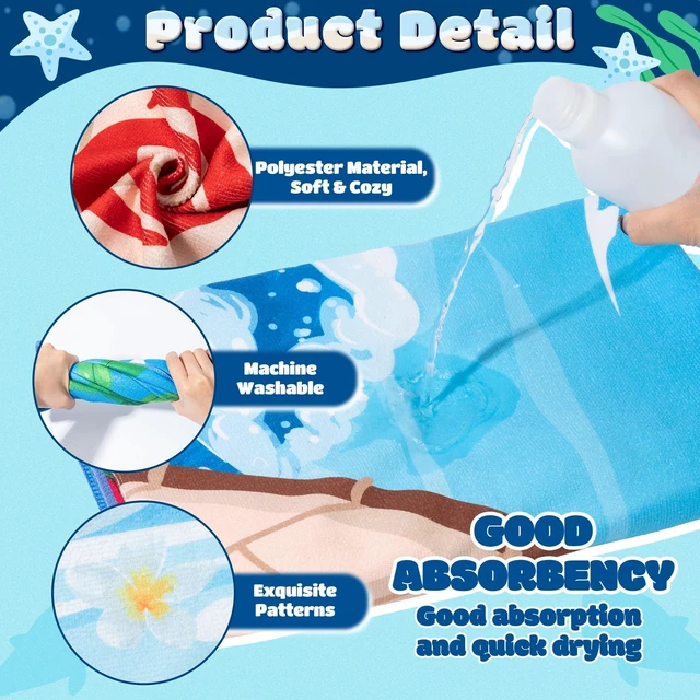 Alt view image 3 of 6 - Cartoon Ocean Girl Beach Towel for Kids, 30 x 60 inch Hawaii Tropical Luau Movie Thin Microfiber Sand Free Quick Dry Bath Pool Towel Blanket for Children Summer Pool Party Swimming Sport