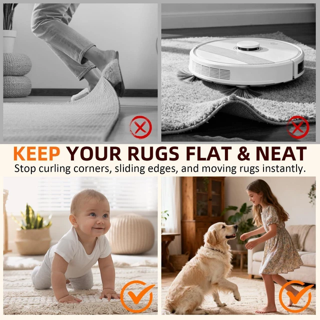 Alt view image 2 of 7 - Rug Grippers 24PCS, Trapezoid Non Slip Rug Pads, Reusable Washable PU Carpet Tape, Strong Adhesive Rug Corner Tape for Hardwood Floors Tile Laminate Marble, Black