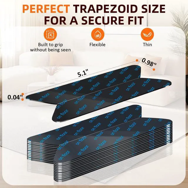 Alt view image 3 of 7 - Rug Grippers 24PCS, Trapezoid Non Slip Rug Pads, Reusable Washable PU Carpet Tape, Strong Adhesive Rug Corner Tape for Hardwood Floors Tile Laminate Marble, Black