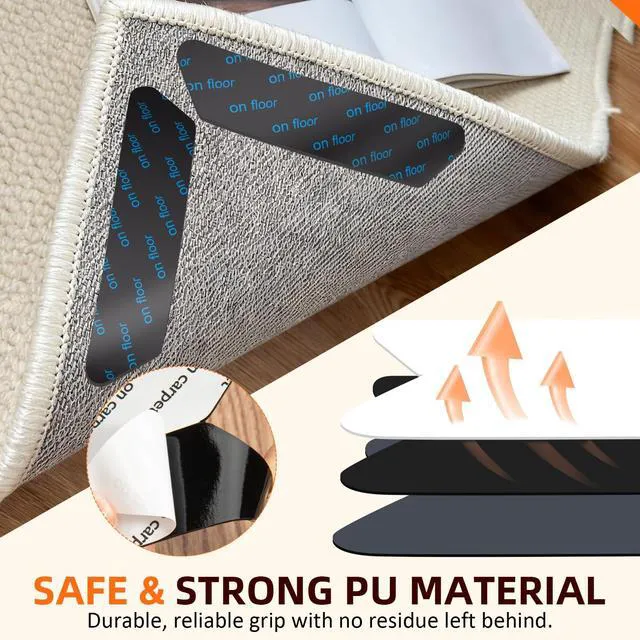 Alt view image 5 of 7 - Rug Grippers 24PCS, Trapezoid Non Slip Rug Pads, Reusable Washable PU Carpet Tape, Strong Adhesive Rug Corner Tape for Hardwood Floors Tile Laminate Marble, Black