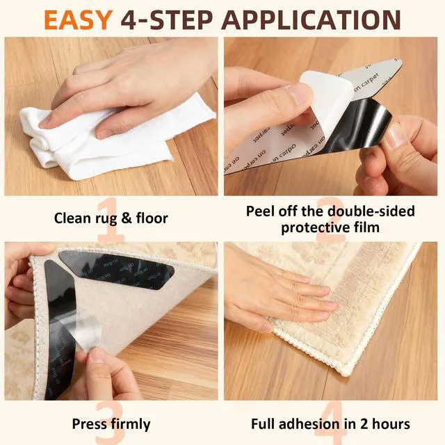 Alt view image 6 of 7 - Rug Grippers 24PCS, Trapezoid Non Slip Rug Pads, Reusable Washable PU Carpet Tape, Strong Adhesive Rug Corner Tape for Hardwood Floors Tile Laminate Marble, Black