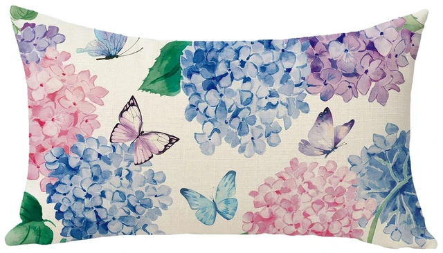 Main image of Spring Summer Hydrangea Flower Lumbar Decorative Throw Pillow Cover 12 x 20, Rectangular Watercolor Floral Butterfly Outdoor Home Decor, Plant Botanical Farmhouse Sofa Couch Cushion Case