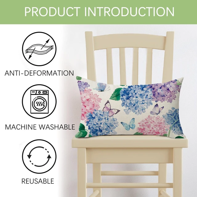 Alt view image 2 of 6 - Spring Summer Hydrangea Flower Lumbar Decorative Throw Pillow Cover 12 x 20, Rectangular Watercolor Floral Butterfly Outdoor Home Decor, Plant Botanical Farmhouse Sofa Couch Cushion Case