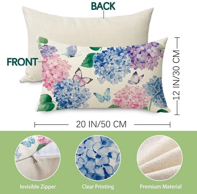 Alt view image 3 of 6 - Spring Summer Hydrangea Flower Lumbar Decorative Throw Pillow Cover 12 x 20, Rectangular Watercolor Floral Butterfly Outdoor Home Decor, Plant Botanical Farmhouse Sofa Couch Cushion Case