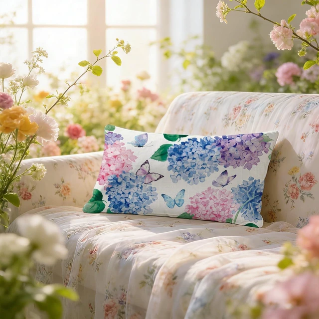 Alt view image 5 of 6 - Spring Summer Hydrangea Flower Lumbar Decorative Throw Pillow Cover 12 x 20, Rectangular Watercolor Floral Butterfly Outdoor Home Decor, Plant Botanical Farmhouse Sofa Couch Cushion Case