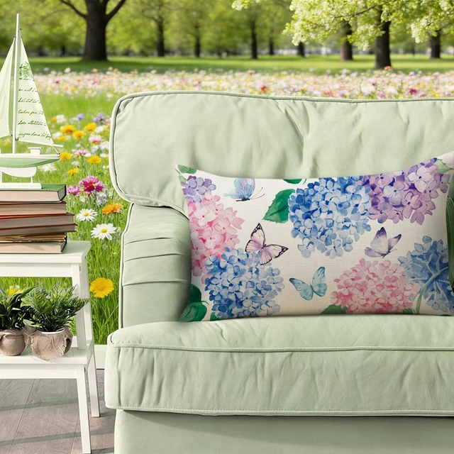 Alt view image 4 of 6 - Spring Summer Hydrangea Flower Lumbar Decorative Throw Pillow Cover 12 x 20, Rectangular Watercolor Floral Butterfly Outdoor Home Decor, Plant Botanical Farmhouse Sofa Couch Cushion Case