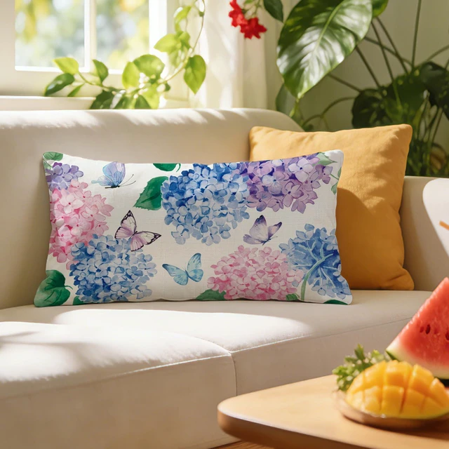 Alt view image 6 of 6 - Spring Summer Hydrangea Flower Lumbar Decorative Throw Pillow Cover 12 x 20, Rectangular Watercolor Floral Butterfly Outdoor Home Decor, Plant Botanical Farmhouse Sofa Couch Cushion Case