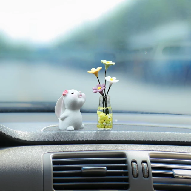 Main image of Set of 2 Cute Mini Bunny and Daisy Flower Vase Car Dashboard Decoration, Adorable Car Rearview Mirror Charm Ornaments, Car Interior Decors Ornament Accessories for Women Funny Gifts