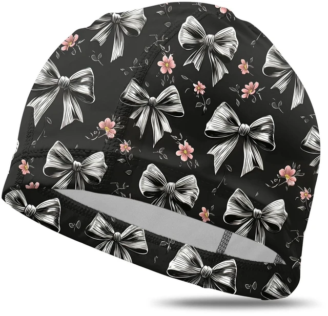 Main image of Fabric Swim Cap Elastic Breathable Cloth Swimming Cap Fit Short Hair Men Woman Girls One Size Hat-Black Gray Bowknot