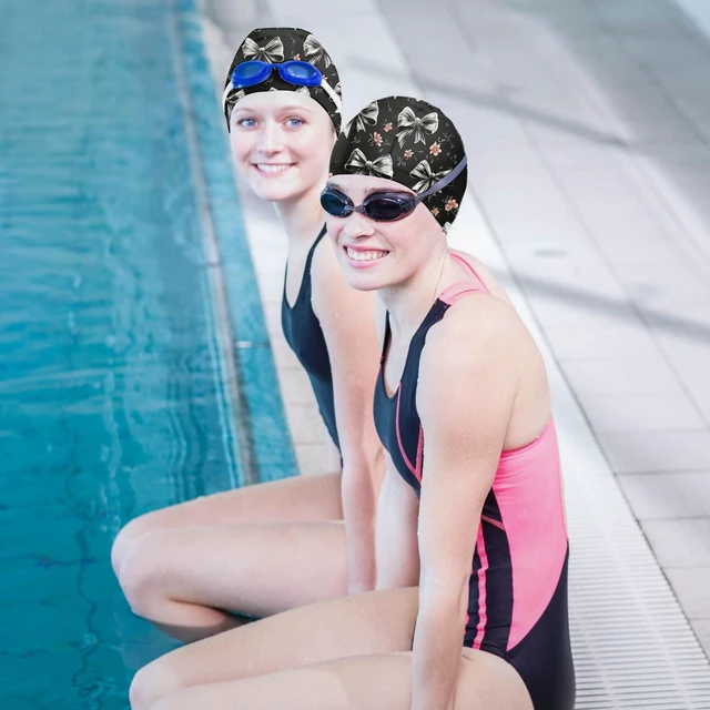Alt view image 6 of 7 - Fabric Swim Cap Elastic Breathable Cloth Swimming Cap Fit Short Hair Men Woman Girls One Size Hat-Black Gray Bowknot
