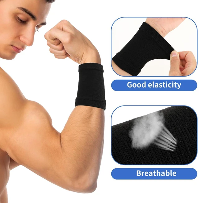 Alt view image 3 of 7 - Wrist Compression Sleeve,2 Pairs Wrist Brace Hand Band Black + Blue | Spandex, Soft, Elastic, Sport Support Wraps, Arthritis Pain Relief, for Men Women, Work Gym, Typing Golf Volleyball