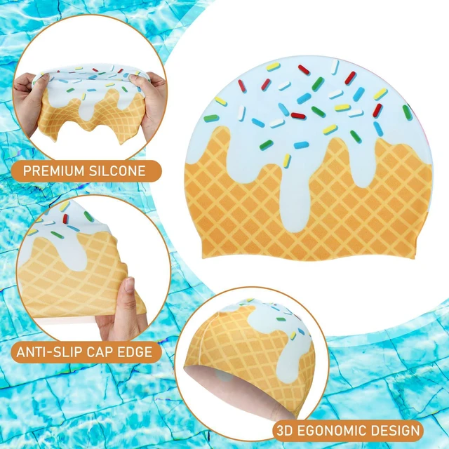 Alt view image 4 of 7 - Funny Swim Cap for Women Elastic Non Slip Silicone Ice Cream Cute Swim Cap for Adult with Dimension Height 7.6, Opening 7.6, Easy Wear and Removal Suitable for Long and Short Hair(Blue)