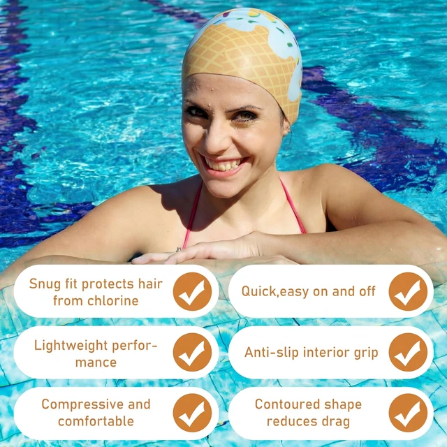 Alt view image 3 of 7 - Funny Swim Cap for Women Elastic Non Slip Silicone Ice Cream Cute Swim Cap for Adult with Dimension Height 7.6, Opening 7.6, Easy Wear and Removal Suitable for Long and Short Hair(Blue)