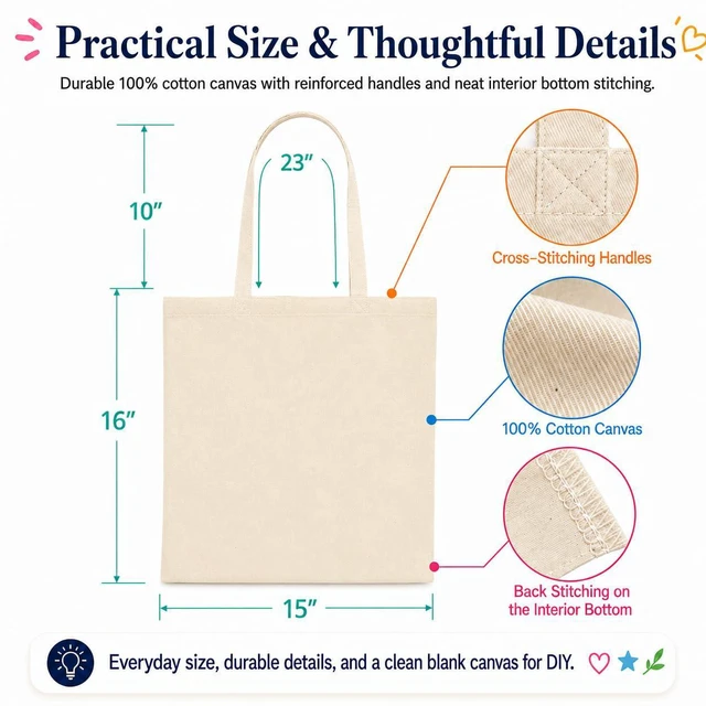 Alt view image 2 of 7 - Canvas Tote Bags, 1-Pack, 15 x 16 in, 8 oz Cotton Blank | 8 oz cotton canvas with long handles; blank surface for crafts, gifts, shopping, and everyday carrying