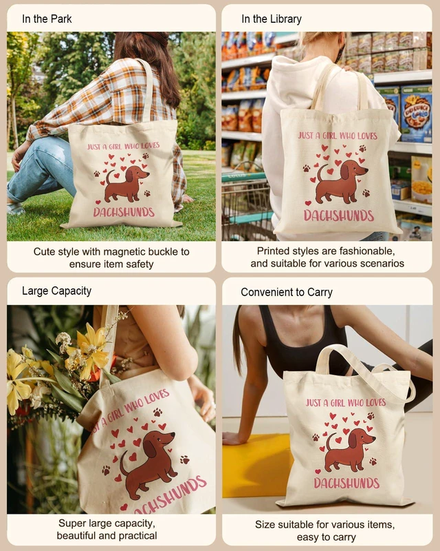 Alt view image 6 of 6 - Cute Canvas Tote Bag for Women Animal Lover, Dachshund | Aesthetic Bags with Magnetic Buckle and Zipper Inner Pocket, Dachshund Dog Lover Gift
