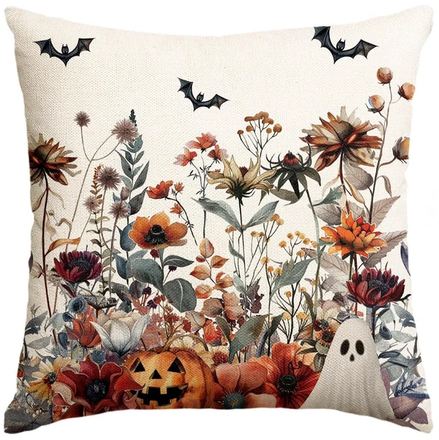 Main image of Halloween Horror Wildflowers Throw Pillow Cover, 18 x 18 Inch Pumpkin Ghost Bat Cushion Case Decoration for Sofa Couch