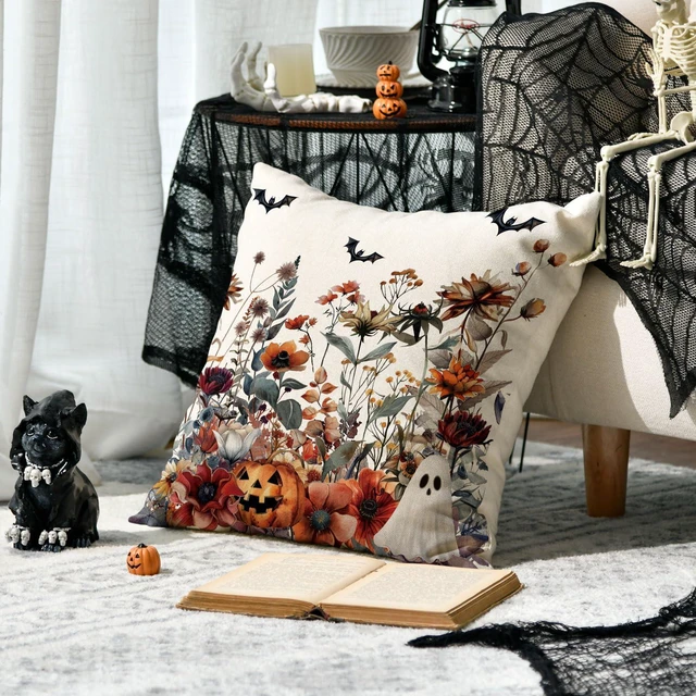 Alt view image 2 of 7 - Halloween Horror Wildflowers Throw Pillow Cover, 18 x 18 Inch Pumpkin Ghost Bat Cushion Case Decoration for Sofa Couch