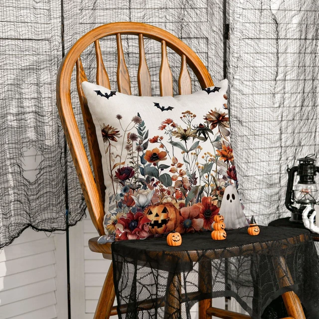 Alt view image 3 of 7 - Halloween Horror Wildflowers Throw Pillow Cover, 18 x 18 Inch Pumpkin Ghost Bat Cushion Case Decoration for Sofa Couch