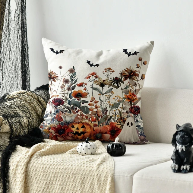 Alt view image 5 of 7 - Halloween Horror Wildflowers Throw Pillow Cover, 18 x 18 Inch Pumpkin Ghost Bat Cushion Case Decoration for Sofa Couch