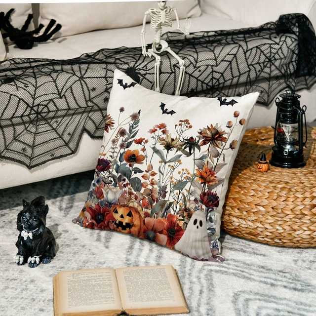 Alt view image 4 of 7 - Halloween Horror Wildflowers Throw Pillow Cover, 18 x 18 Inch Pumpkin Ghost Bat Cushion Case Decoration for Sofa Couch