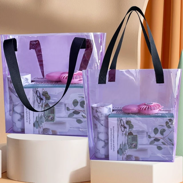 Alt view image 2 of 6 - Purple PVC Beach Bag Waterproof Clear Tote Bag12.2"x11.81"x4.33" Sandproof with Handles, Heavy Duty for Pool & Travel (B090-D2106-4-Weave Handle)