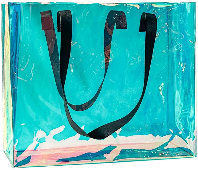 Main image of Holographic Clear Tote Bag with Black Handles Rainbow Stadium Approved pvc Beach Handbag for Women Shopping (green)