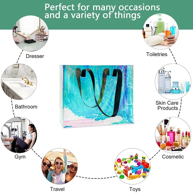 Alt view image 6 of 7 - Holographic Clear Tote Bag with Black Handles Rainbow Stadium Approved pvc Beach Handbag for Women Shopping (green)