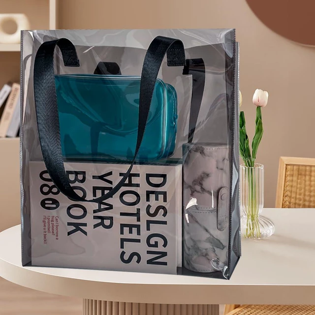 Alt view image 2 of 5 - Black Clear PVC Tote Bag wit Handles13.3 x 11.8 x 3.94 inches Stadium Approved Transparent Plastic Beach Bag for Women (Black)