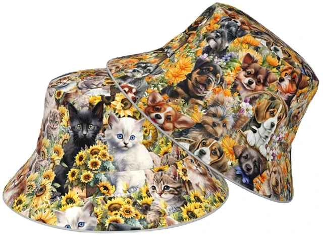 Main image of Cat Bucket Hat Packable Reversible Cap with Dog for Womens Gifts | Dogs Bucket Hat for Women Packable Reversible Summer Hats Fisherman Cap with Cats on it Outdoor Travel Beach Cap