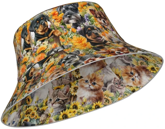 Alt view image 2 of 7 - Cat Bucket Hat Packable Reversible Cap with Dog for Womens Gifts | Dogs Bucket Hat for Women Packable Reversible Summer Hats Fisherman Cap with Cats on it Outdoor Travel Beach Cap