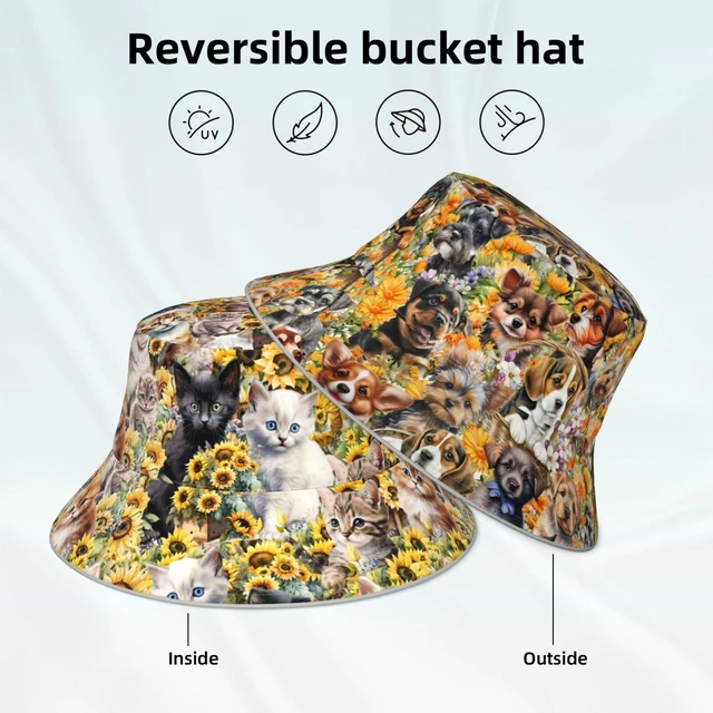 Alt view image 4 of 7 - Cat Bucket Hat Packable Reversible Cap with Dog for Womens Gifts | Dogs Bucket Hat for Women Packable Reversible Summer Hats Fisherman Cap with Cats on it Outdoor Travel Beach Cap
