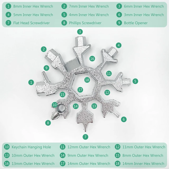 Alt view image 2 of 7 - 3-Pack Silver Snowflake 18-in-1 Multi Tool, Stainless Steel Pocket Tool with Bottle Opener, Screwdrivers, and Wrench for Everyday Carry