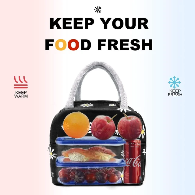 Alt view image 3 of 6 - Insulated Lunch Bag Women, Reusable Cute Tote Lunch Box Black/White | for Adult & Men, Black with White Daisy, Leakproof Cooler Cute Lunch Box for Work, Picnic, Travel, School, Office, Adult