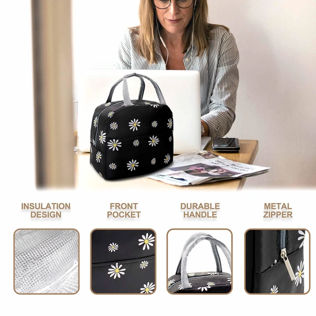 Alt view image 4 of 6 - Insulated Lunch Bag Women, Reusable Cute Tote Lunch Box Black/White | for Adult & Men, Black with White Daisy, Leakproof Cooler Cute Lunch Box for Work, Picnic, Travel, School, Office, Adult