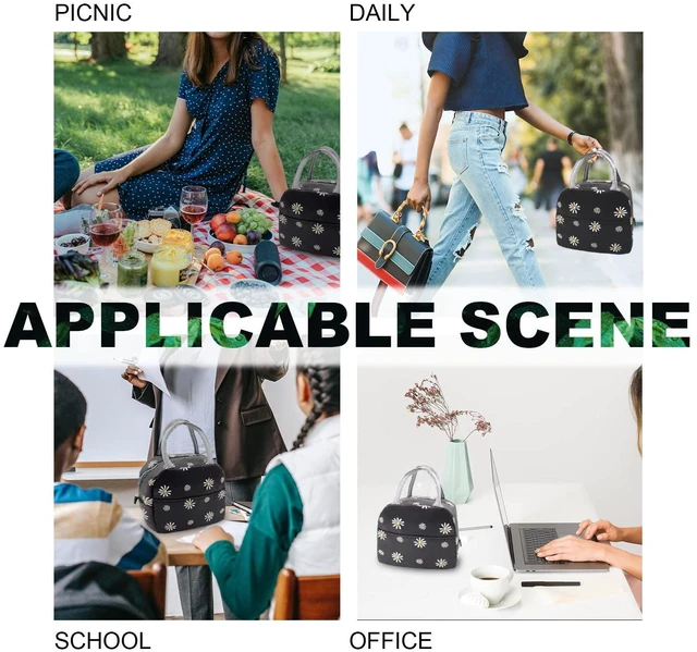 Alt view image 6 of 6 - Insulated Lunch Bag Women, Reusable Cute Tote Lunch Box Black/White | for Adult & Men, Black with White Daisy, Leakproof Cooler Cute Lunch Box for Work, Picnic, Travel, School, Office, Adult