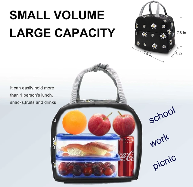 Alt view image 5 of 6 - Insulated Lunch Bag Women, Reusable Cute Tote Lunch Box Black/White | for Adult & Men, Black with White Daisy, Leakproof Cooler Cute Lunch Box for Work, Picnic, Travel, School, Office, Adult