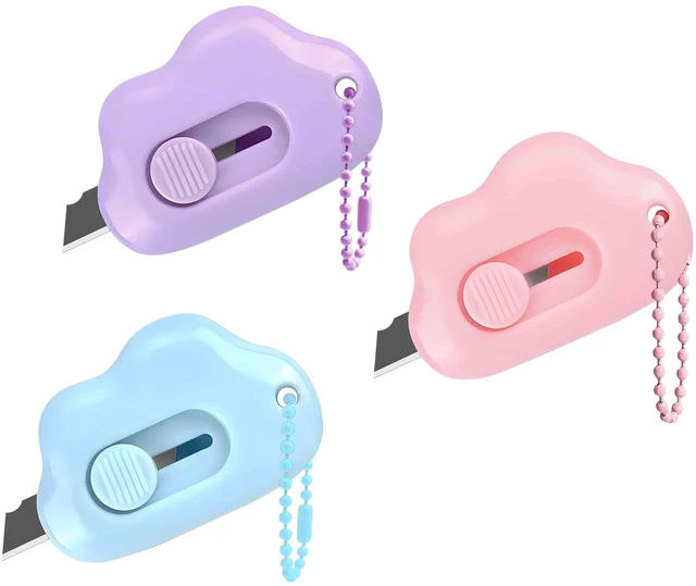 Main image of 3-Pack Cloud-Shaped Retractable Box Cutters with Key Rings | Letter openers with auto-retracting stainless steel blades; ABS grips; three colors; for envelopes, packages, tape, and pape