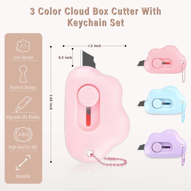 Alt view image 2 of 6 - 3-Pack Cloud-Shaped Retractable Box Cutters with Key Rings | Letter openers with auto-retracting stainless steel blades; ABS grips; three colors; for envelopes, packages, tape, and pape