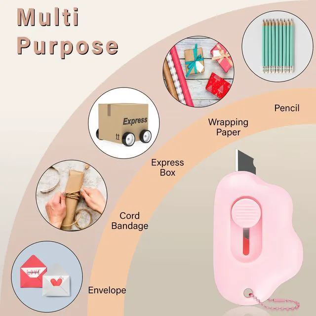 Alt view image 4 of 6 - 3-Pack Cloud-Shaped Retractable Box Cutters with Key Rings | Letter openers with auto-retracting stainless steel blades; ABS grips; three colors; for envelopes, packages, tape, and pape