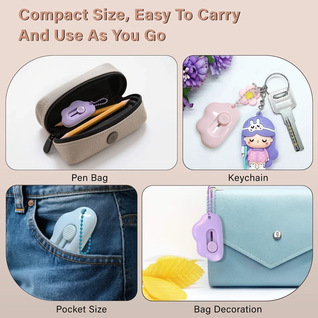 Alt view image 5 of 6 - 3-Pack Cloud-Shaped Retractable Box Cutters with Key Rings | Letter openers with auto-retracting stainless steel blades; ABS grips; three colors; for envelopes, packages, tape, and pape