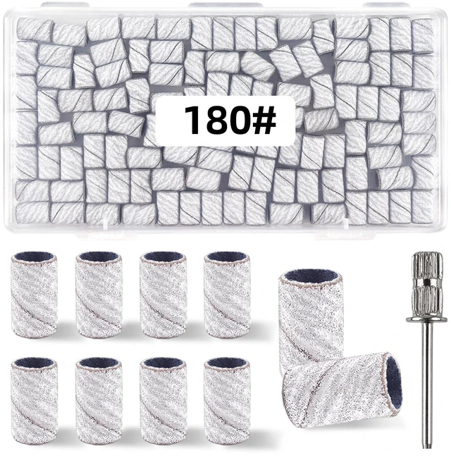 Main image of 100 Pcs (180 Grit White)Sanding Bands Nail Drill Bit with 0.31in diameter,Nail Drill Bits Extreme Fine Grit Sanding Band,Sanding Belt Upgrade Mandrel Bits,Professional Nail Drill Bit for Acrylic Nails
