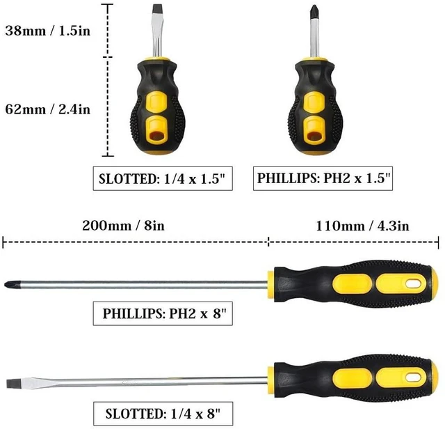 Alt view image 2 of 7 - 4-Piece Magnetic Screwdriver Set, 2 Phillips and 2 Slotted, Long & Stubby Blade Design, Precision 6mm Tip