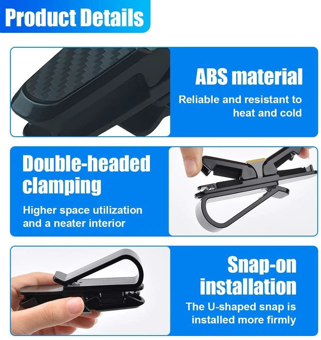 Alt view image 3 of 6 - 2PCS Glasses Holders for Car Sun Visor, Double-End Sunglasses Mount, 180 Degree Rotational Ticket Card Clip, Universal Auto Interior Eyeglasses Organizer Accessory for Most Cars (Black/Grey)