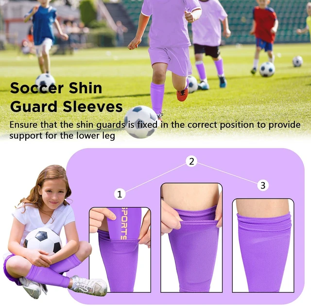 Alt view image 4 of 7 - Shin Guard Sleeves for Kids Youth Football Shin Guard Holders Compression Soccer Sleeve Socks with Pocket for Shin Pads Shin Guards for Kids Teenagers Adults Beginner(Purple,Medium)