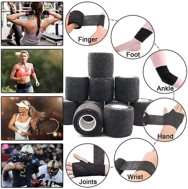 Alt view image 5 of 6 - Self-Adherent Grip Tape Wrap - Lyuxzad 4 Pack Cohesive Bandage Wrap 2" x 5 Yards Machine Wrap Cover Elastic Bandage Rolls Self Adhesive Tape Strong Sports Tape Black Bandage Rolls Athletic Tape